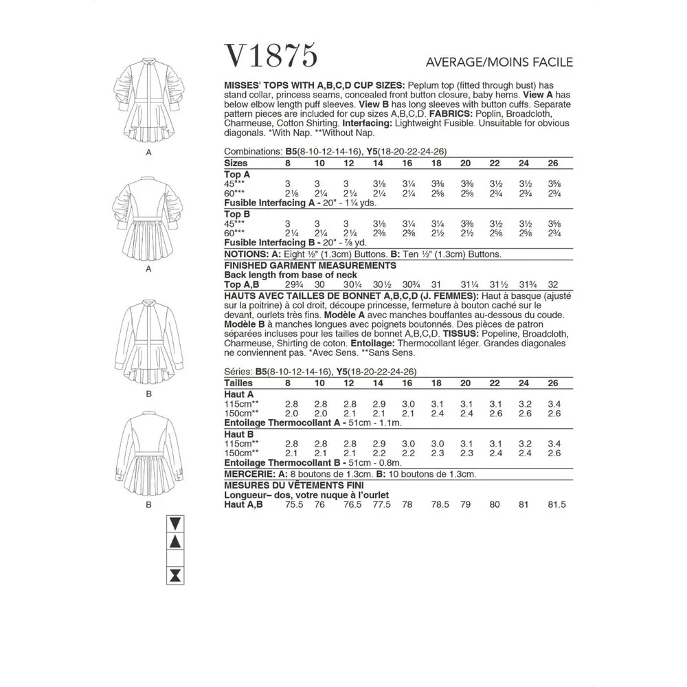Vogue Patterns V1875‎ Sewing Pattern Womens 18-26 Peplum Tops Ruched Sleeves